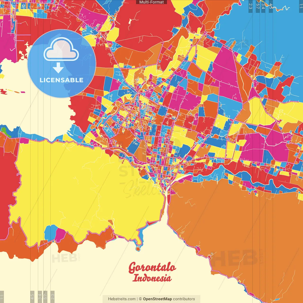 Gorontalo, Gorontalo, Indonesia Crazy Colorful Street Map Poster Template