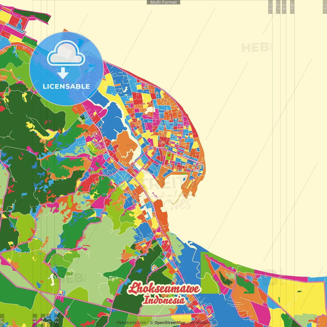 Lhokseumawe, Aceh, Indonesia Crazy Colorful Street Map Poster Template