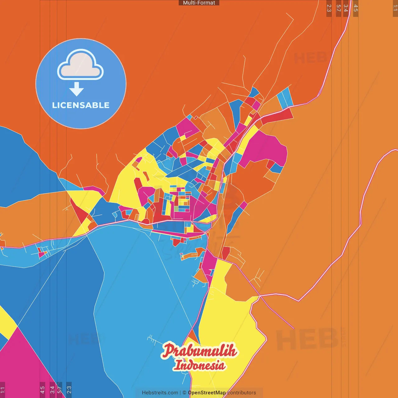Prabumulih, South Sumatra, Indonesia Crazy Colorful Street Map Poster Template