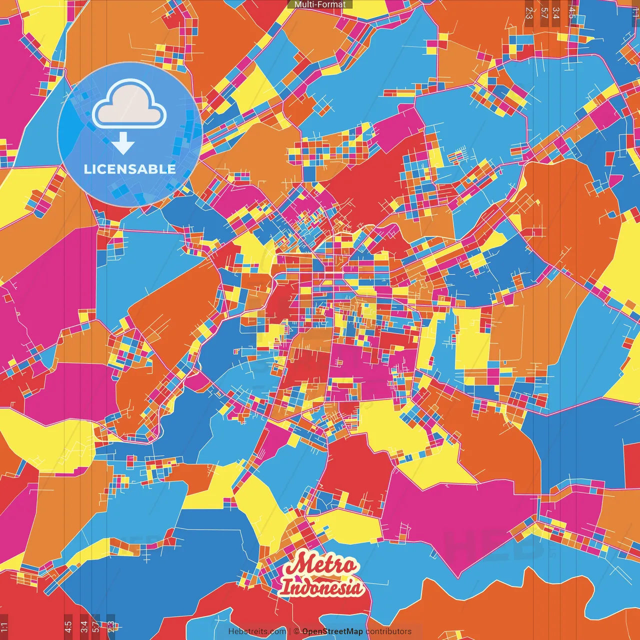 Metro, Lampung, Indonesia Crazy Colorful Street Map Poster Template