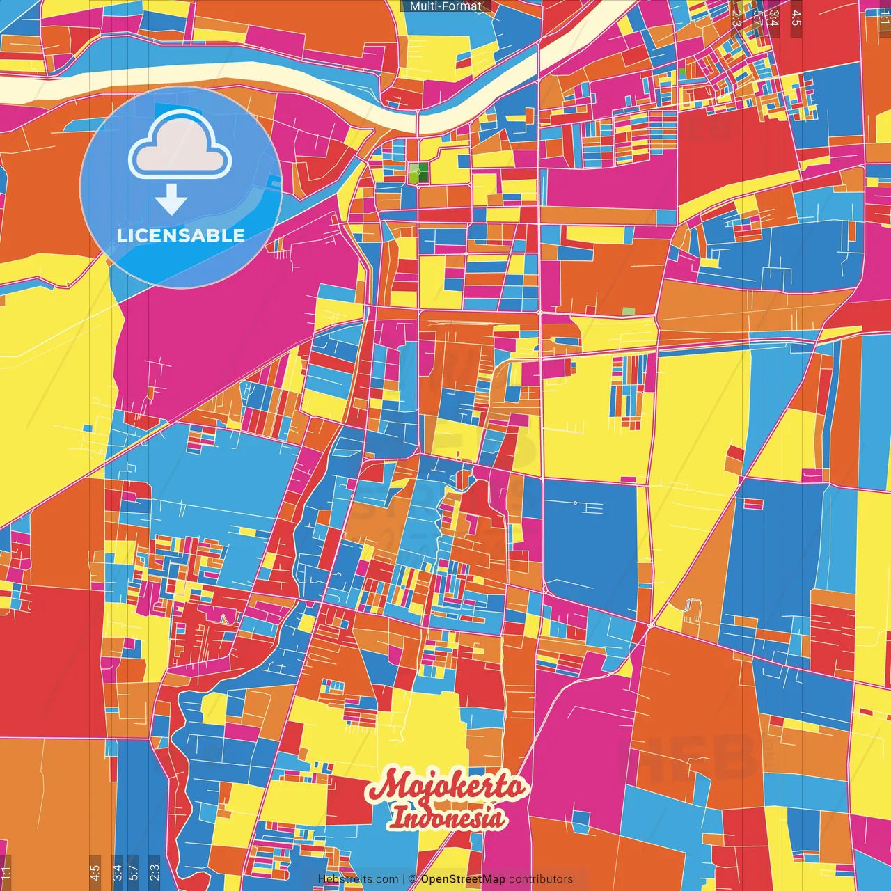 Mojokerto, East Java, Indonesia Crazy Colorful Street Map Poster Template