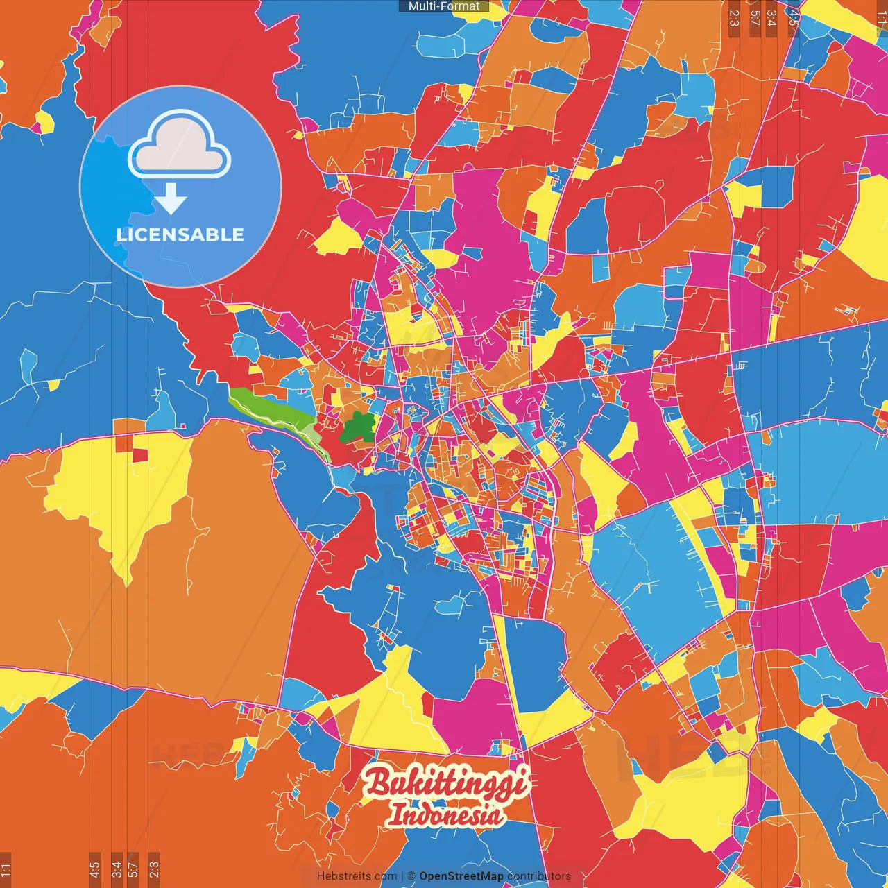 Bukittinggi, West Sumatra, Indonesia Crazy Colorful Street Map Poster Template