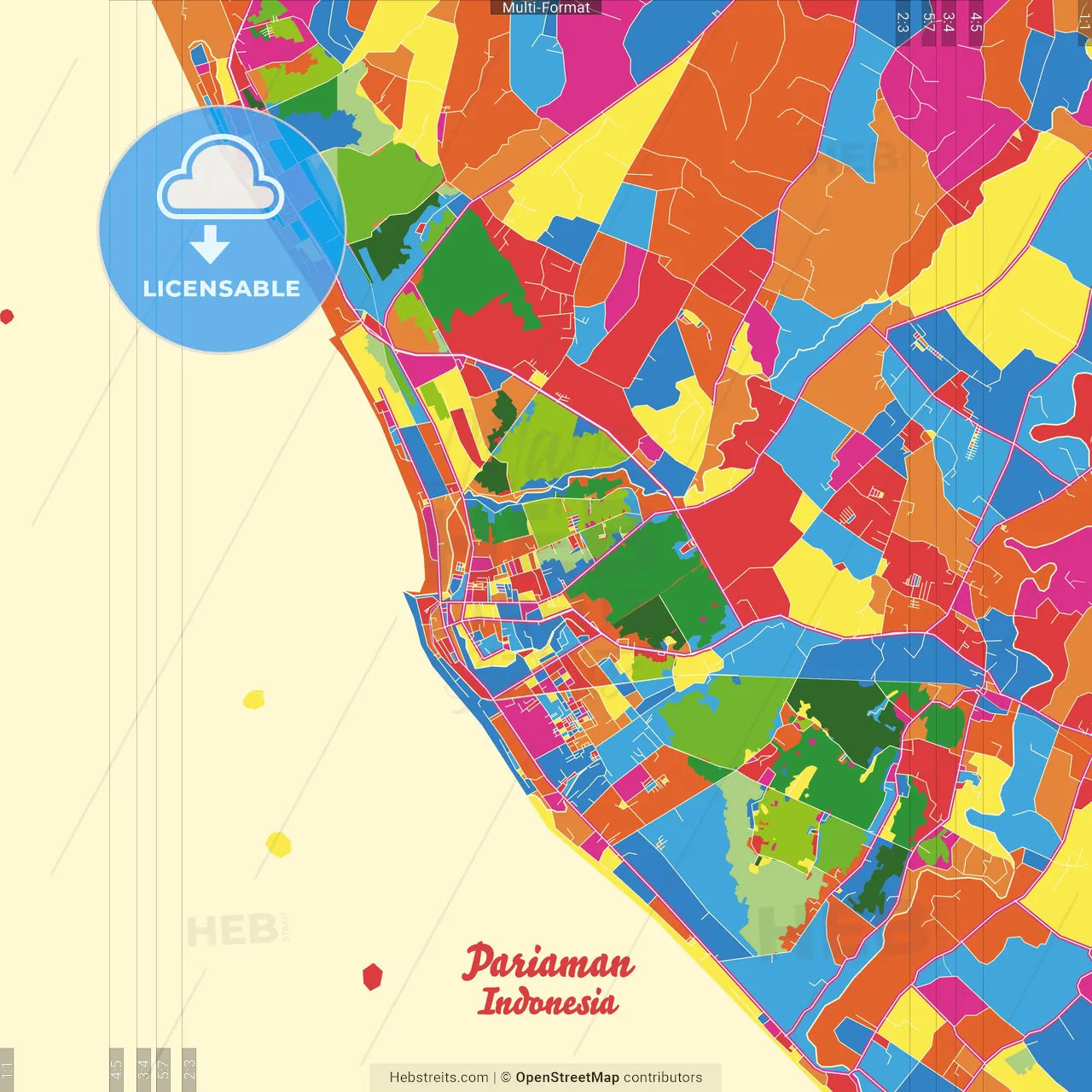 Pariaman, West Sumatra, Indonesia Crazy Colorful Street Map Poster Template