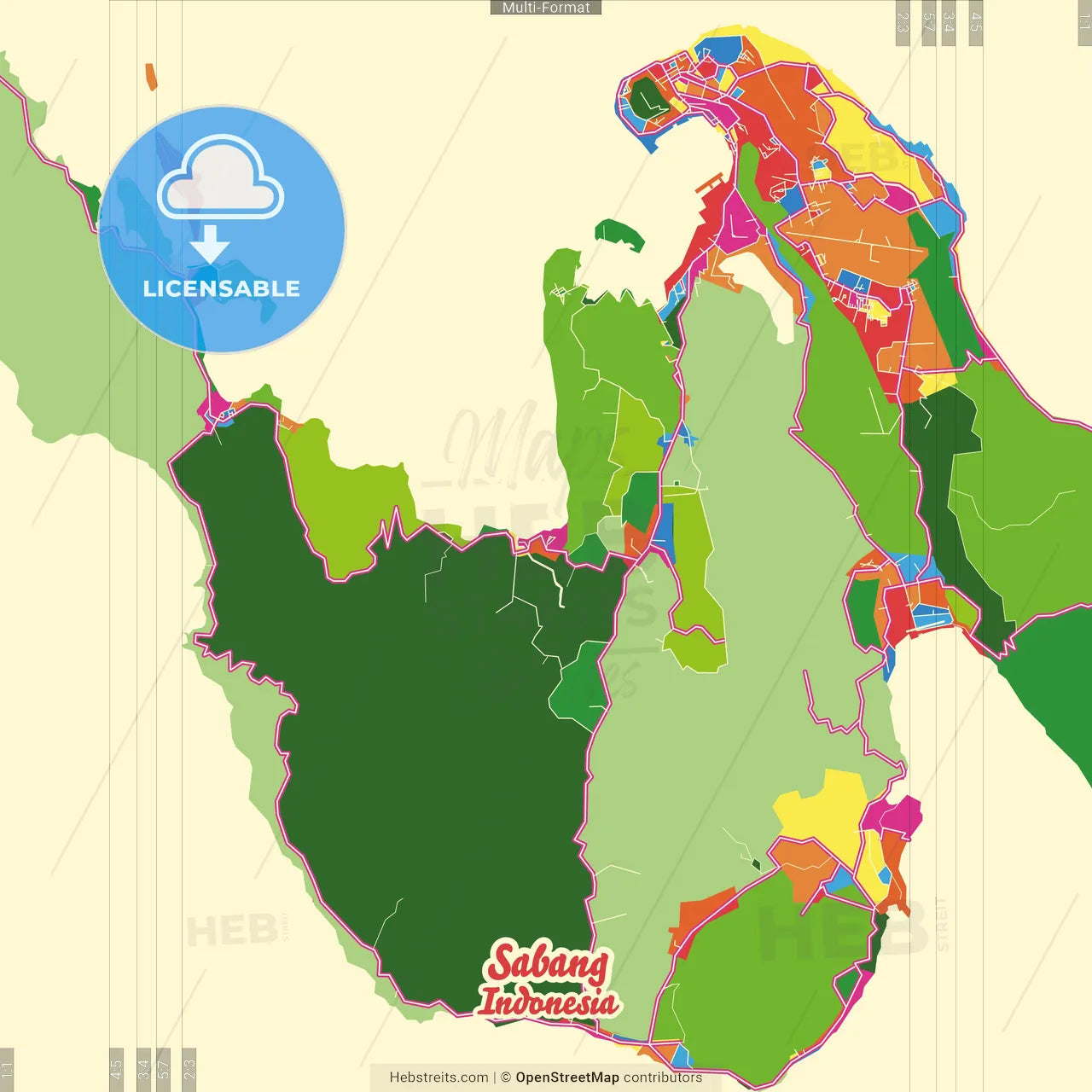 Sabang, Aceh, Indonesia Crazy Colorful Street Map Poster Template