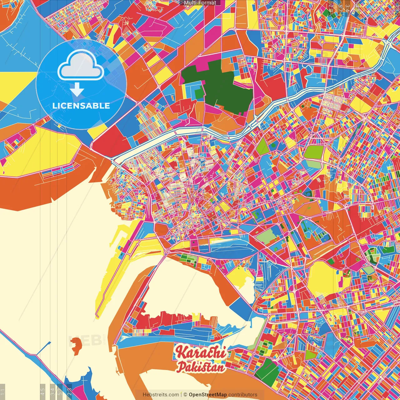 Karachi, Sindh, Pakistan Crazy Colorful Street Map Poster Template