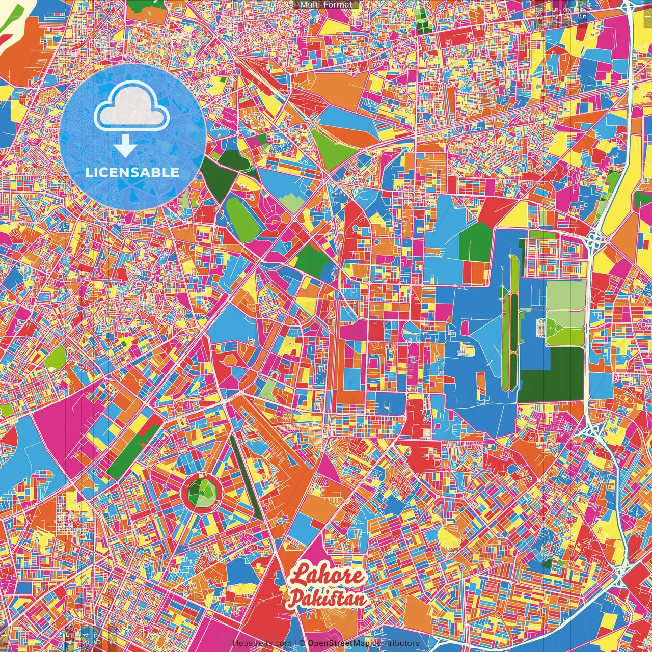 Lahore, Punjab, Pakistan Crazy Colorful Street Map Poster Template