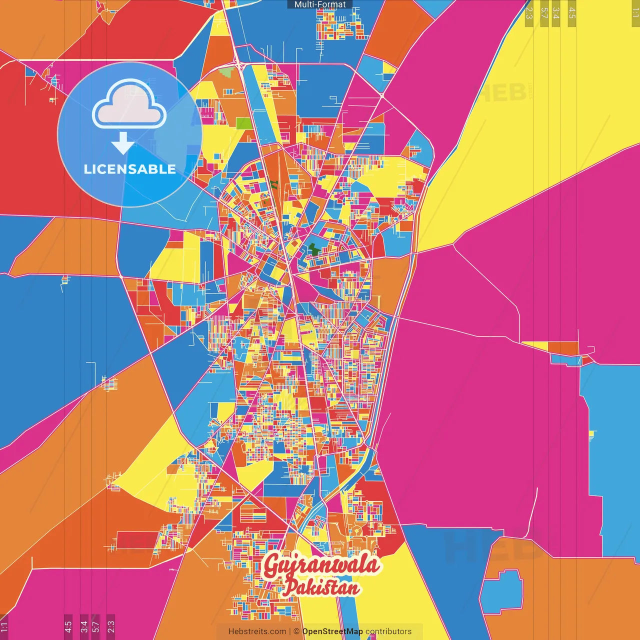 Gujranwala, Punjab, Pakistan Crazy Colorful Street Map Poster Template