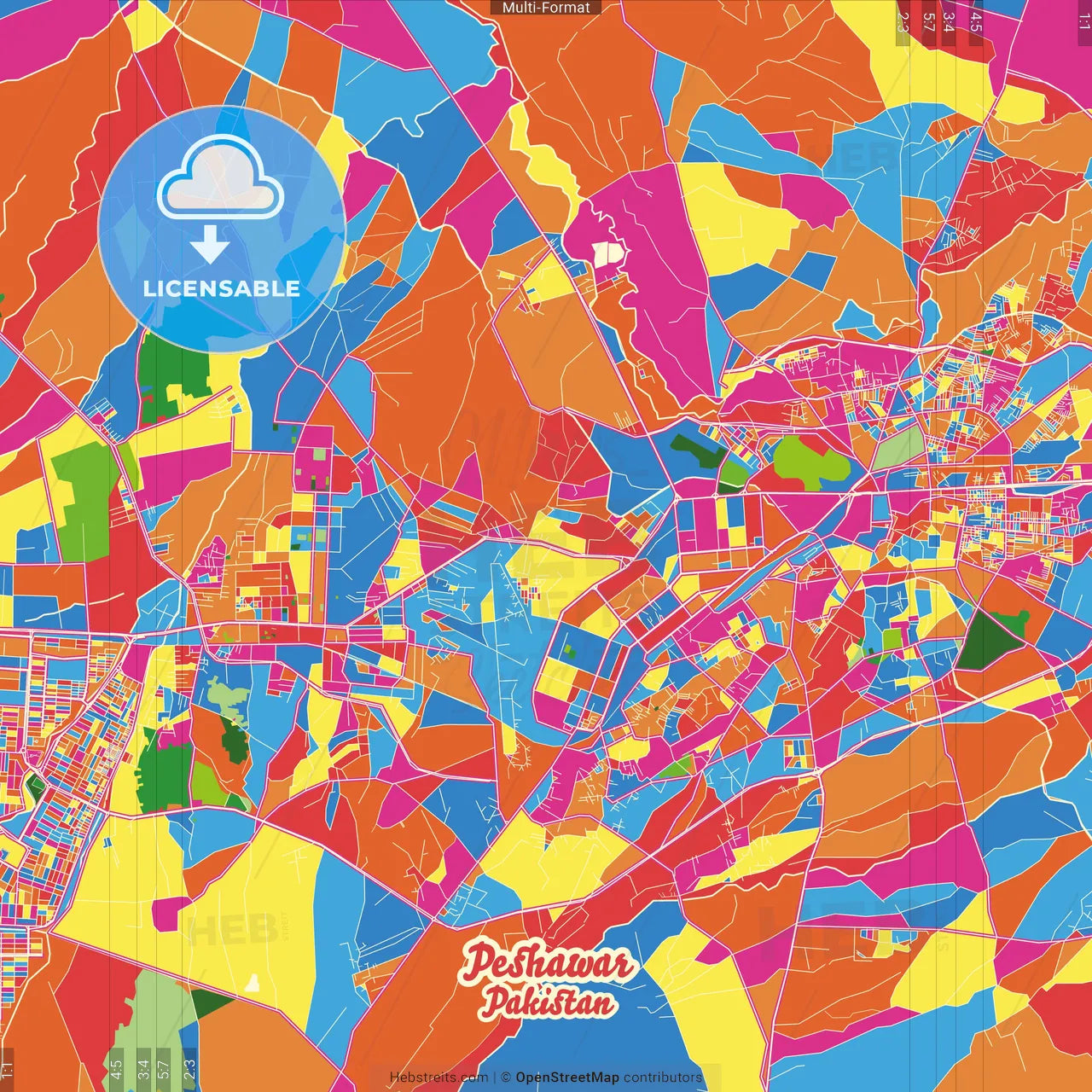 Peshawar, Khyber Pakhtunkhwa, Pakistan Crazy Colorful Street Map Poster Template