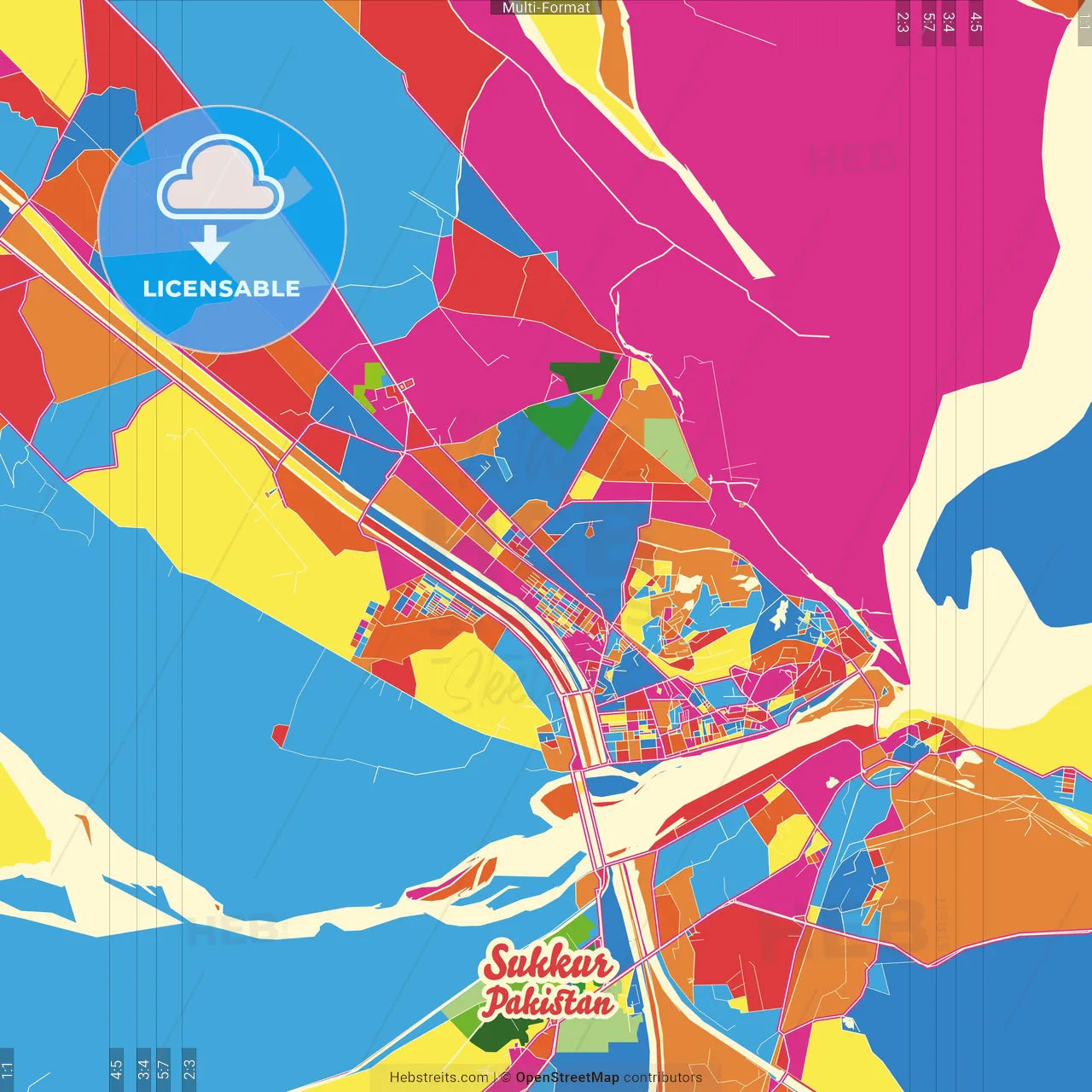 Sukkur, Sindh, Pakistan Crazy Colorful Street Map Poster Template