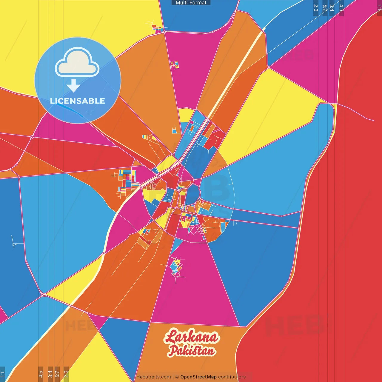Larkana, Sindh, Pakistan Crazy Colorful Street Map Poster Template