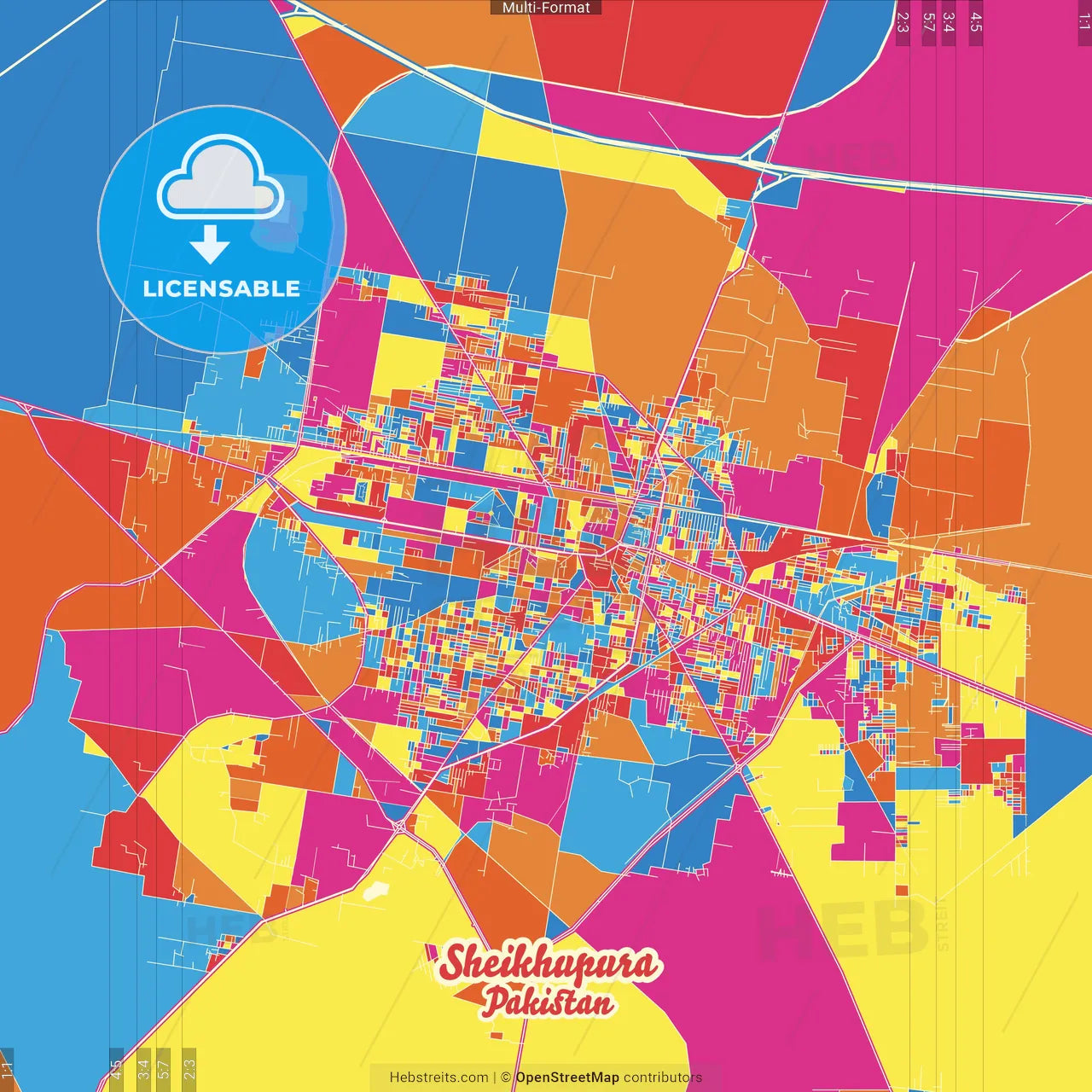 Sheikhupura, Punjab, Pakistan Crazy Colorful Street Map Poster Template