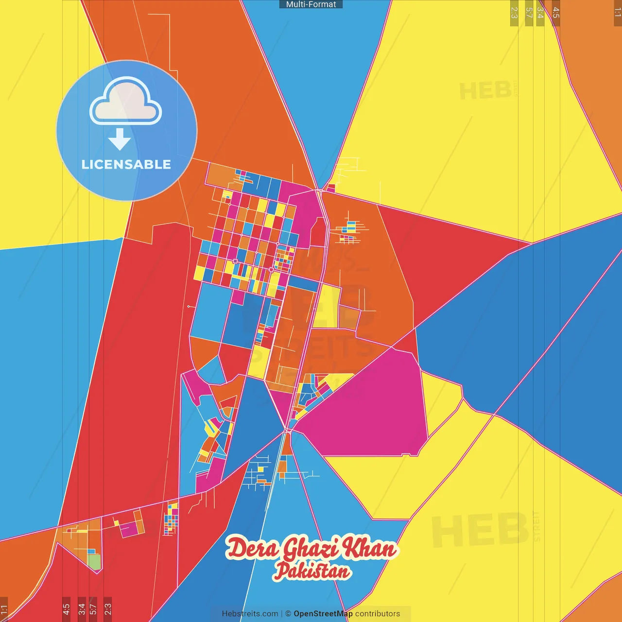 Dera Ghazi Khan, Punjab, Pakistan Crazy Colorful Street Map Poster Template