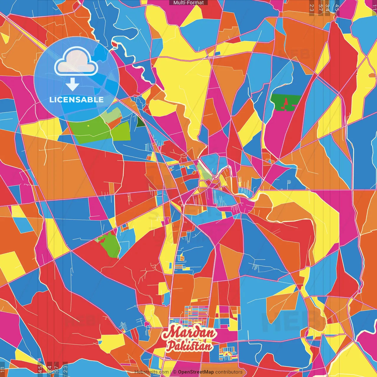 Mardan, Khyber Pakhtunkhwa, Pakistan Crazy Colorful Street Map Poster Template