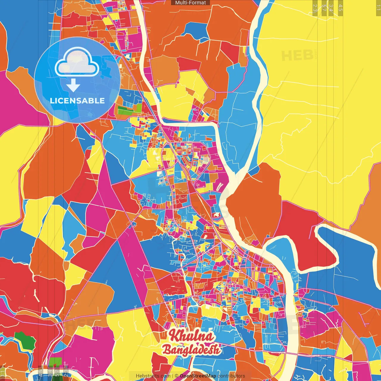Khulna, Khulna, Bangladesh Crazy Colorful Street Map Poster Template