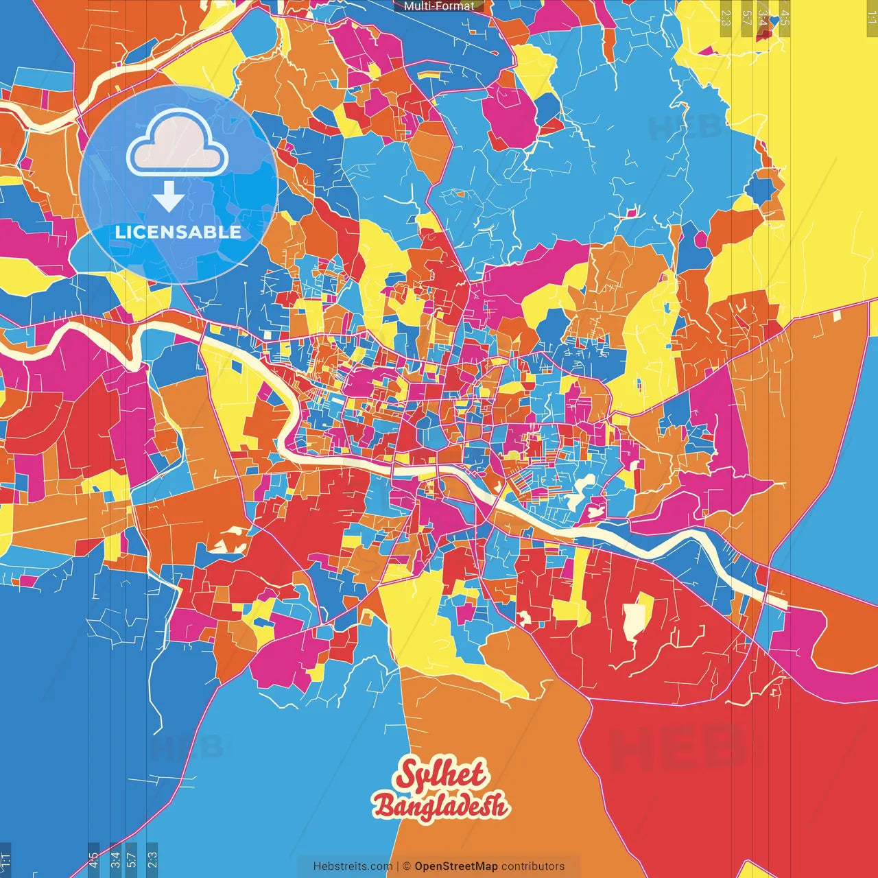 Sylhet, Sylhet, Bangladesh Crazy Colorful Street Map Poster Template
