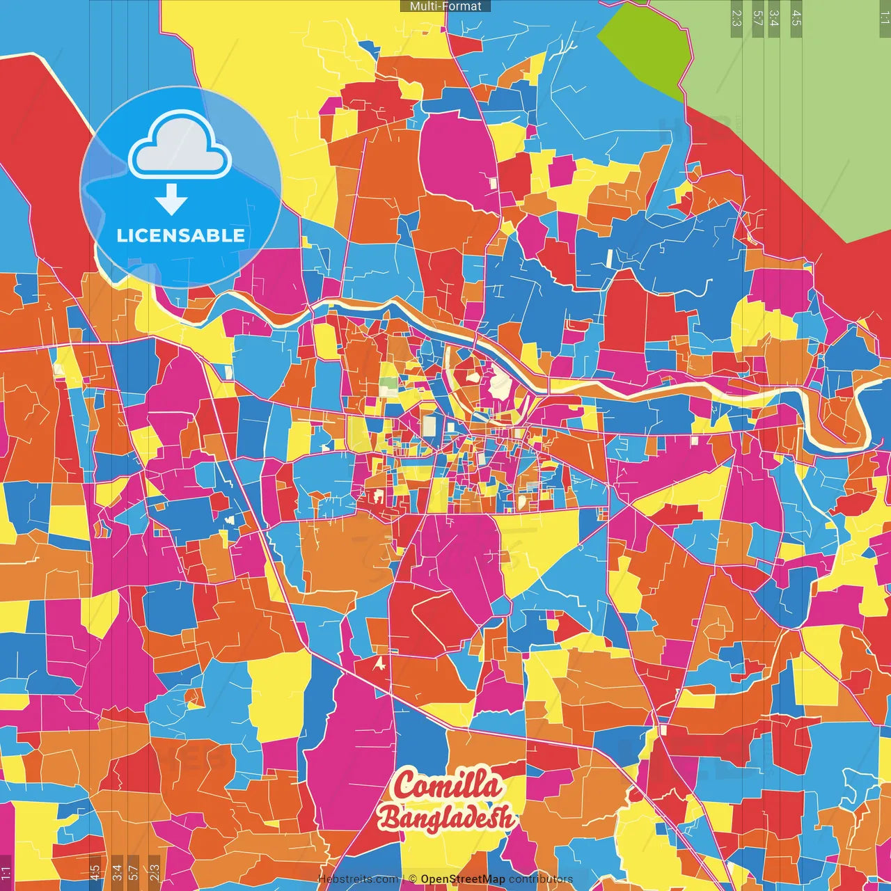 Comilla, Comilla, Bangladesh Crazy Colorful Street Map Poster Template