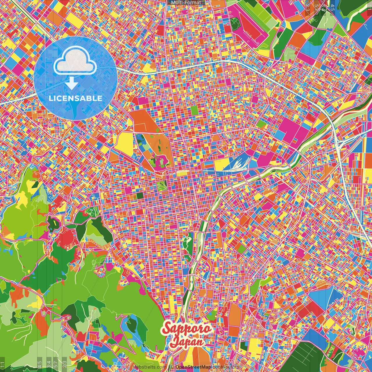 Sapporo, Hokkaidō, Japan Crazy Colorful Street Map Poster Template