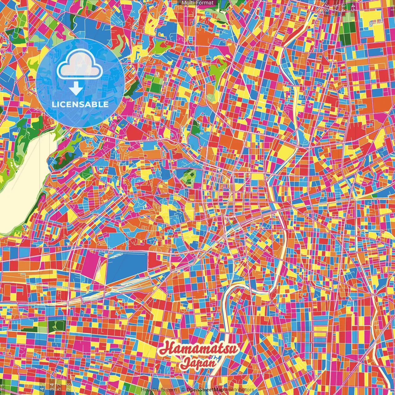 Hamamatsu, Shizuoka, Japan Crazy Colorful Street Map Poster Template