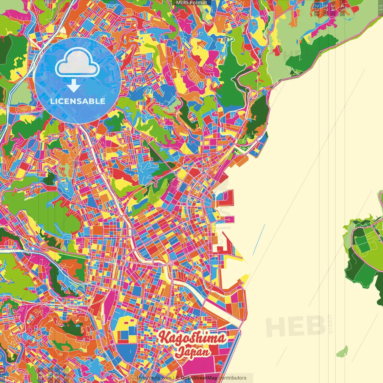 Kagoshima, Kagoshima, Japan Crazy Colorful Street Map Poster Template