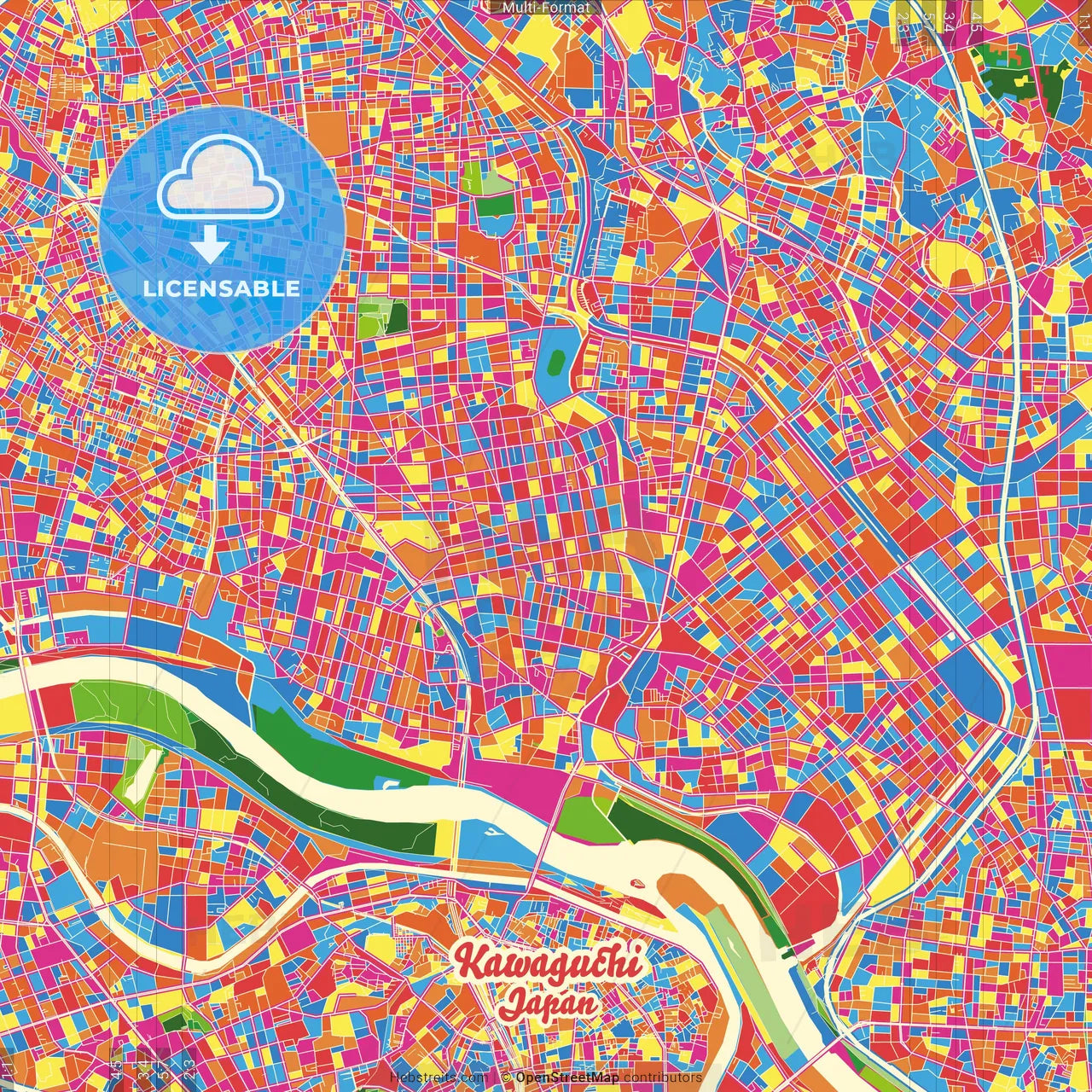 Kawaguchi, Saitama, Japan Crazy Colorful Street Map Poster Template