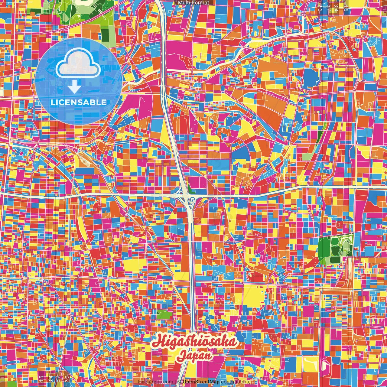 Higashiōsaka, Osaka, Japan Crazy Colorful Street Map Poster Template