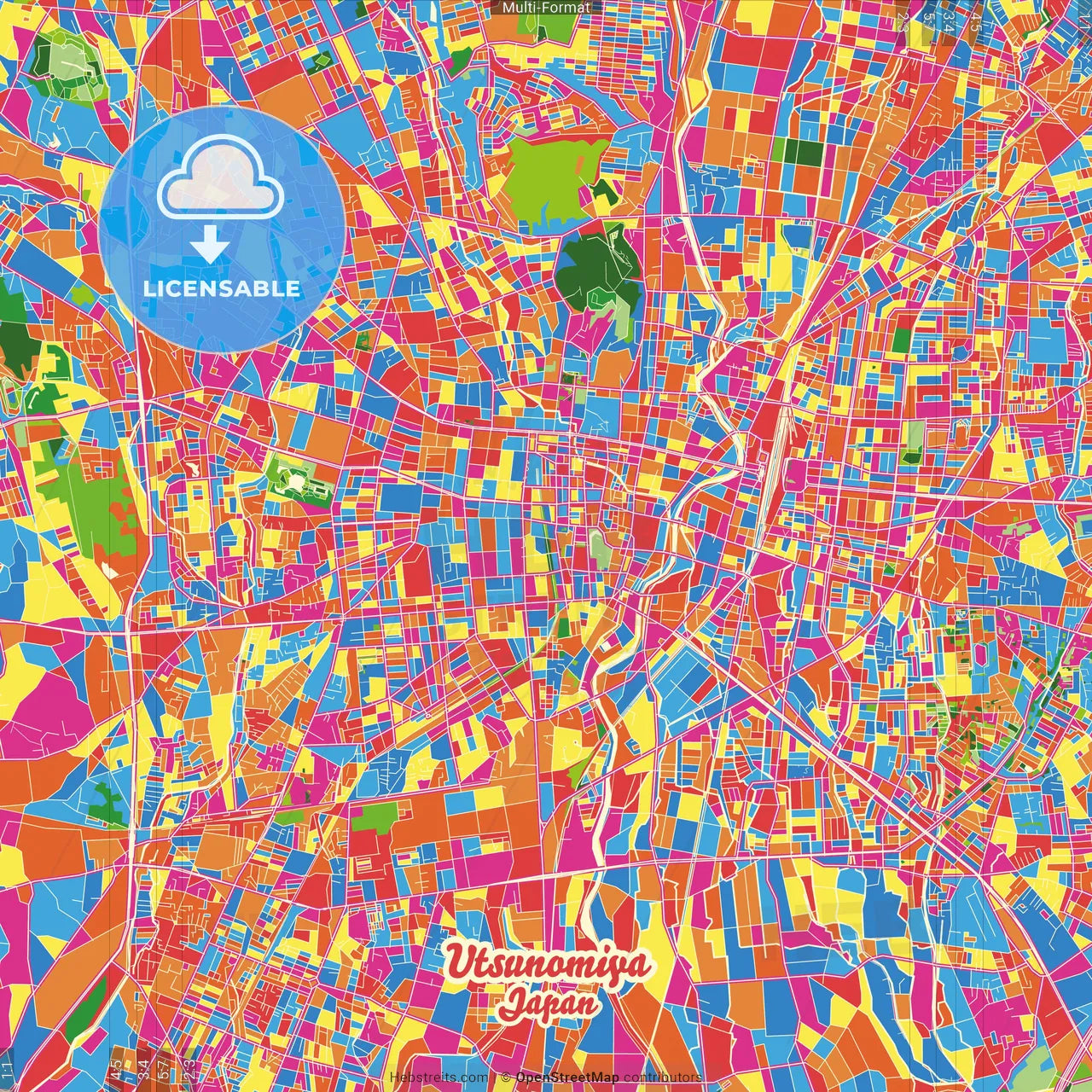 Utsunomiya, Tochigi, Japan Crazy Colorful Street Map Poster Template