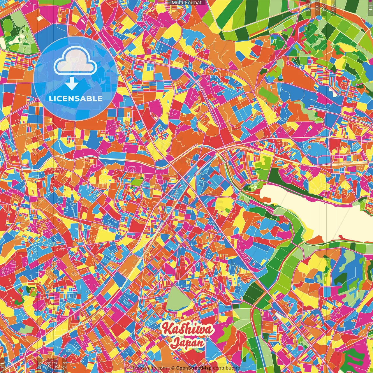 Kashiwa, Chiba, Japan Crazy Colorful Street Map Poster Template