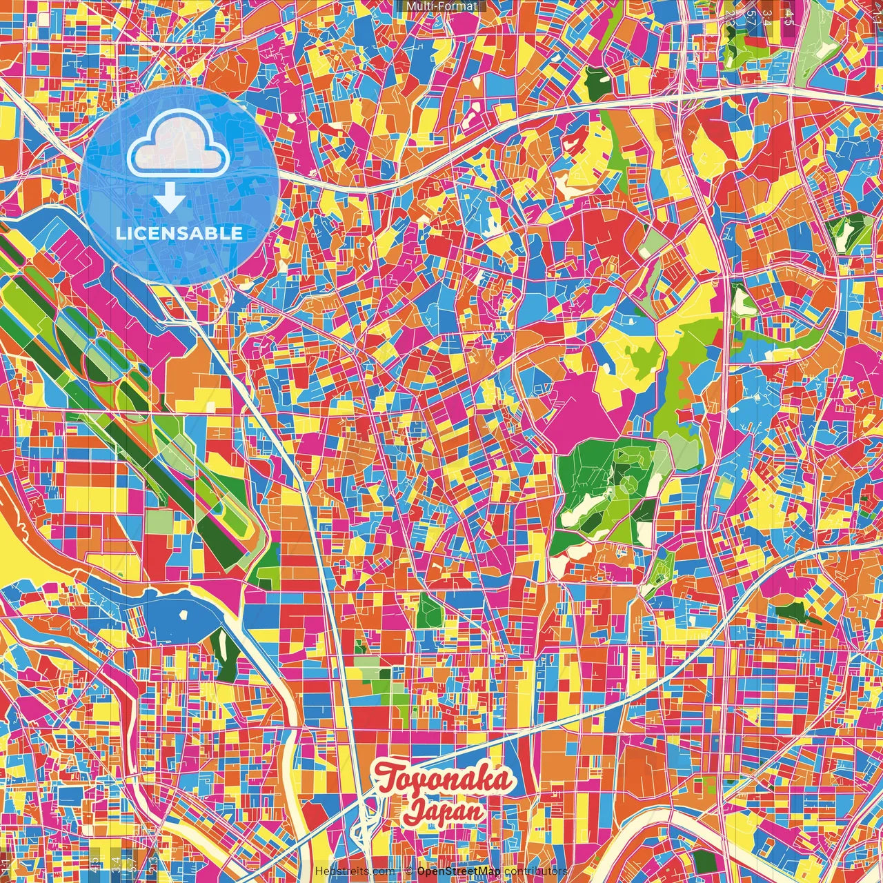 Toyonaka, Osaka, Japan Crazy Colorful Street Map Poster Template