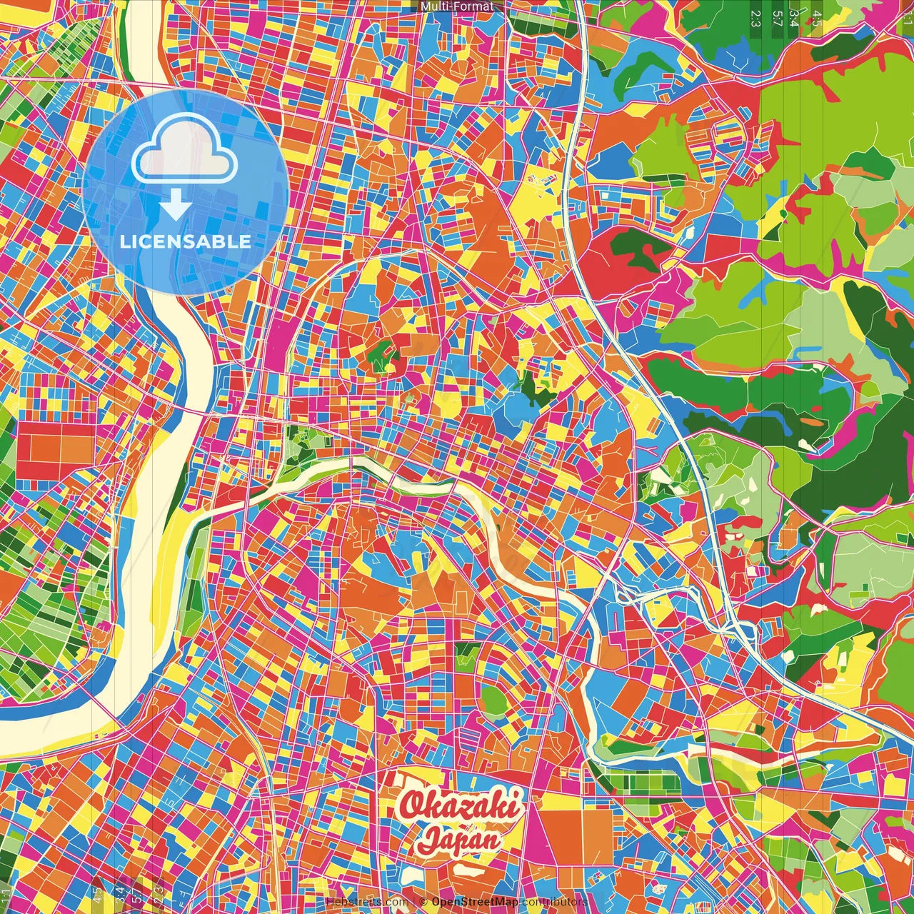 Okazaki, Aichi, Japan Crazy Colorful Street Map Poster Template