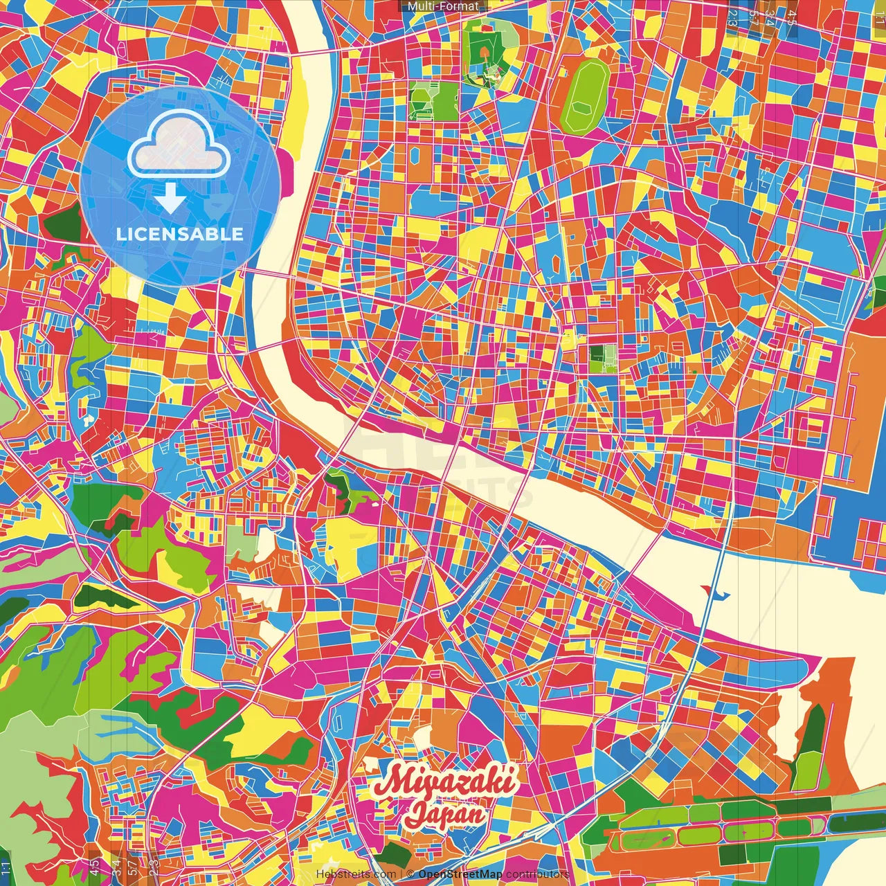 Miyazaki, Miyazaki, Japan Crazy Colorful Street Map Poster Template