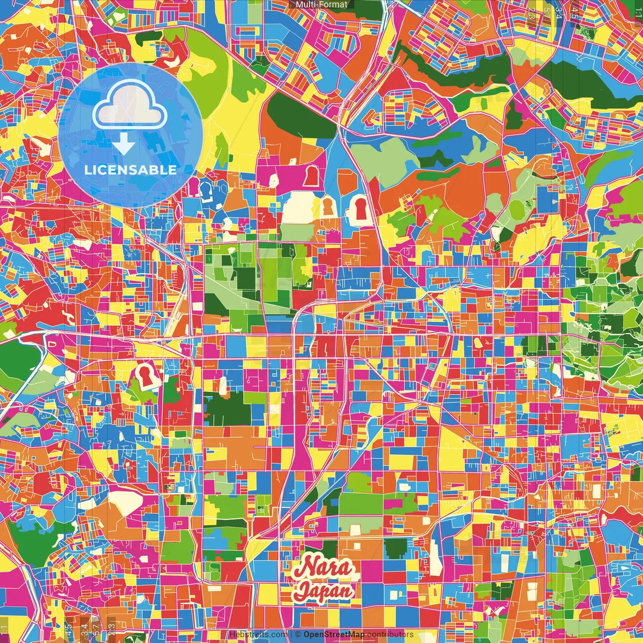 Nara, Nara, Japan Crazy Colorful Street Map Poster Template