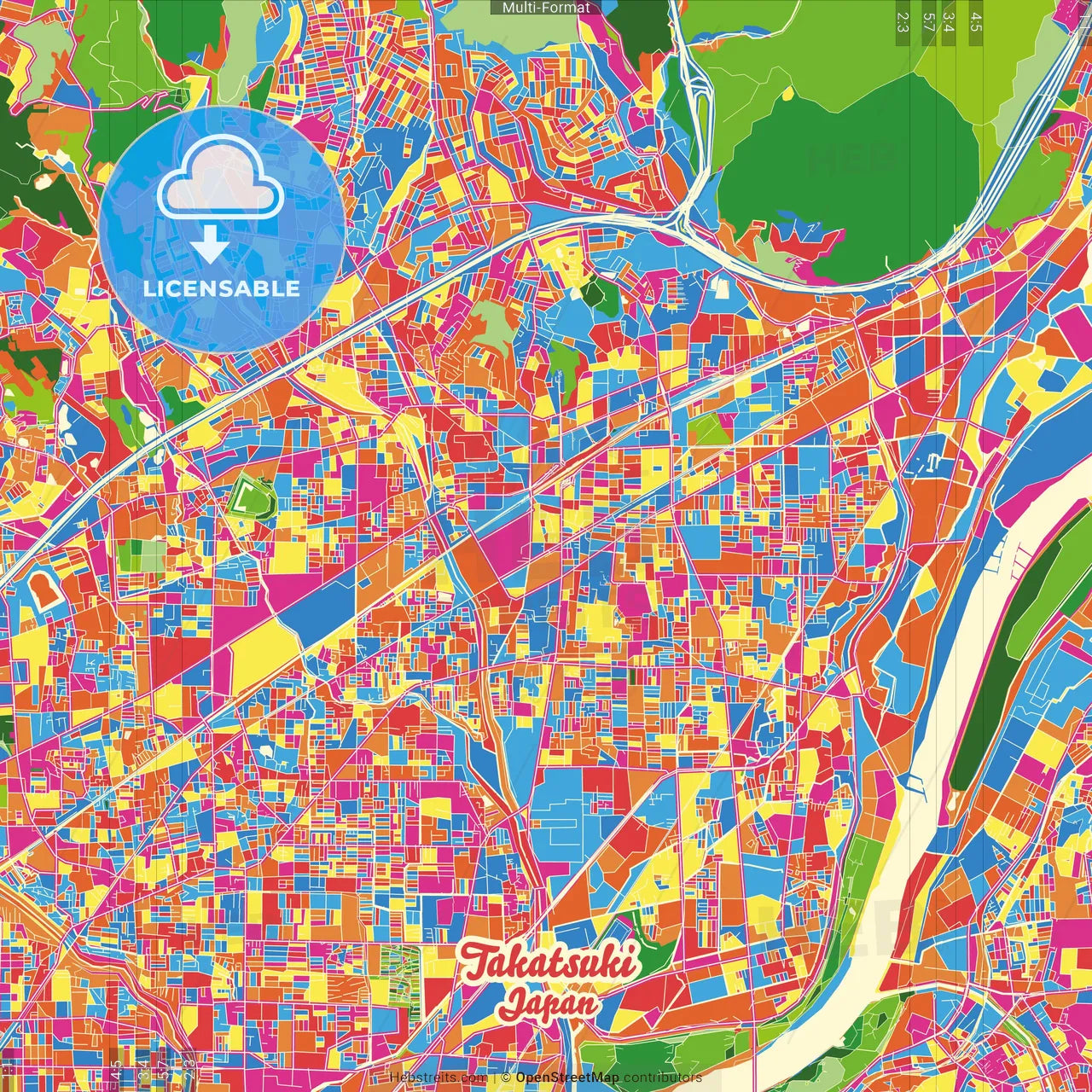 Takatsuki, Osaka, Japan Crazy Colorful Street Map Poster Template