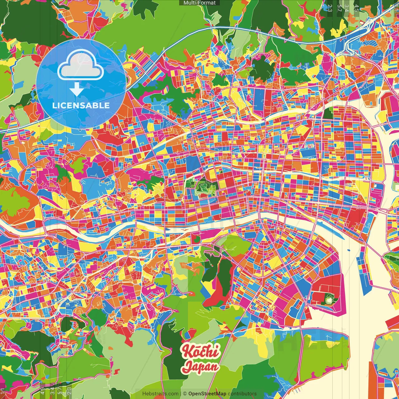 Kōchi, Kōchi, Japan Crazy Colorful Street Map Poster Template