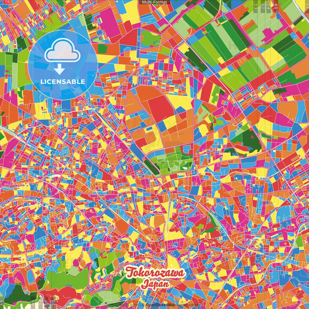 Tokorozawa, Saitama, Japan Crazy Colorful Street Map Poster Template