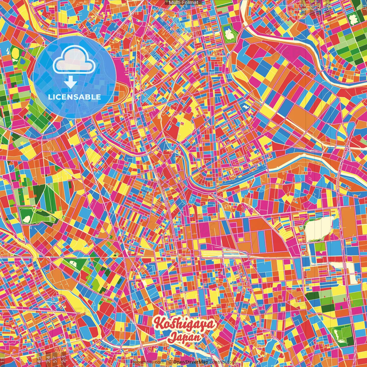 Koshigaya, Saitama, Japan Crazy Colorful Street Map Poster Template