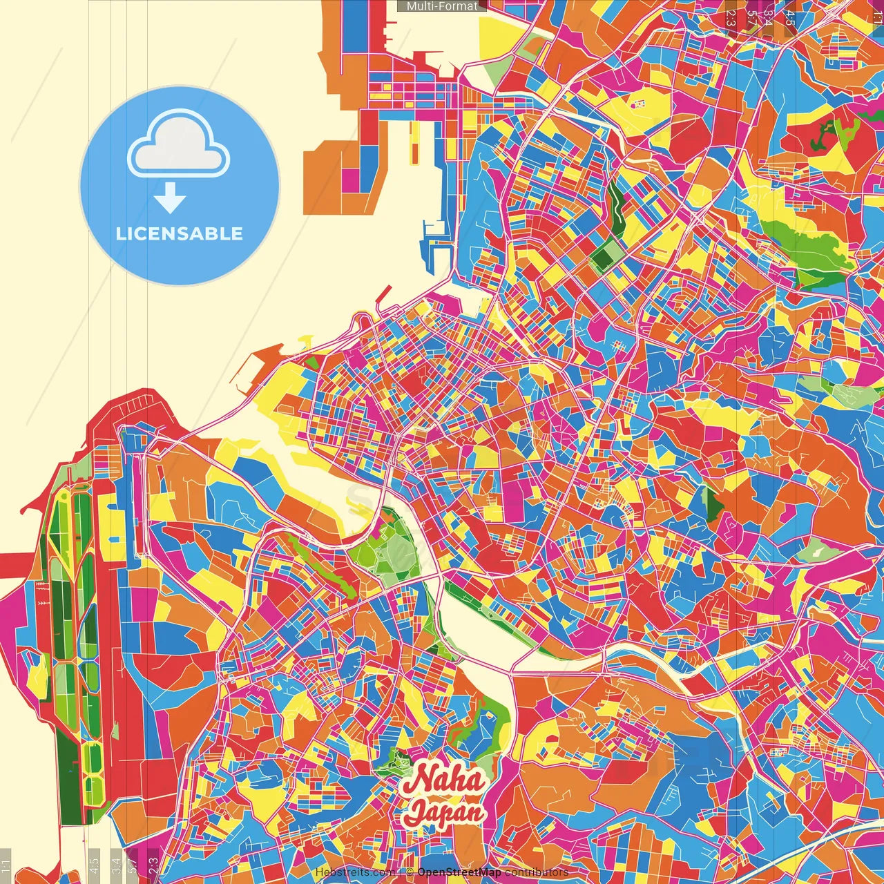 Naha, Okinawa, Japan Crazy Colorful Street Map Poster Template