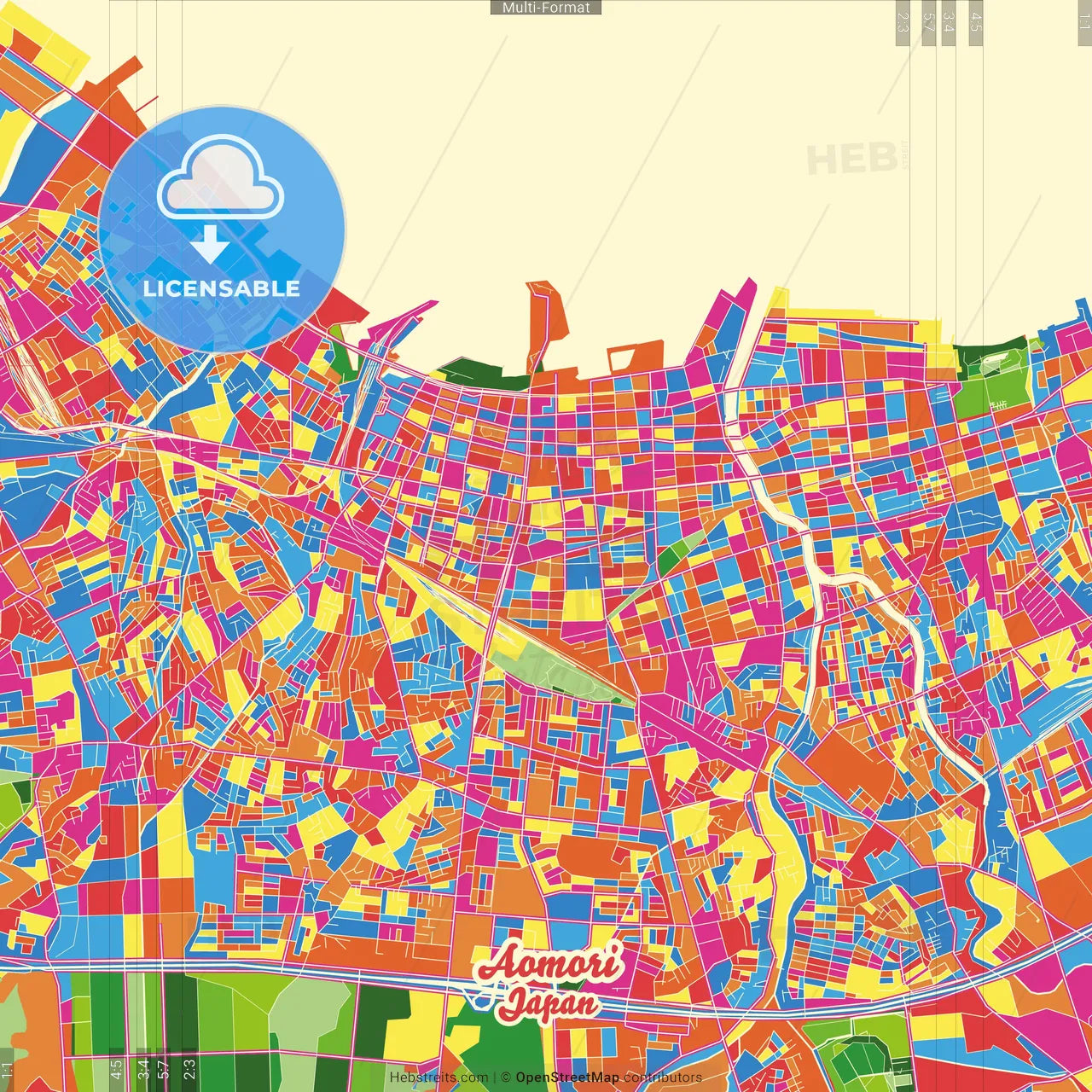 Aomori, Aomori, Japan Crazy Colorful Street Map Poster Template