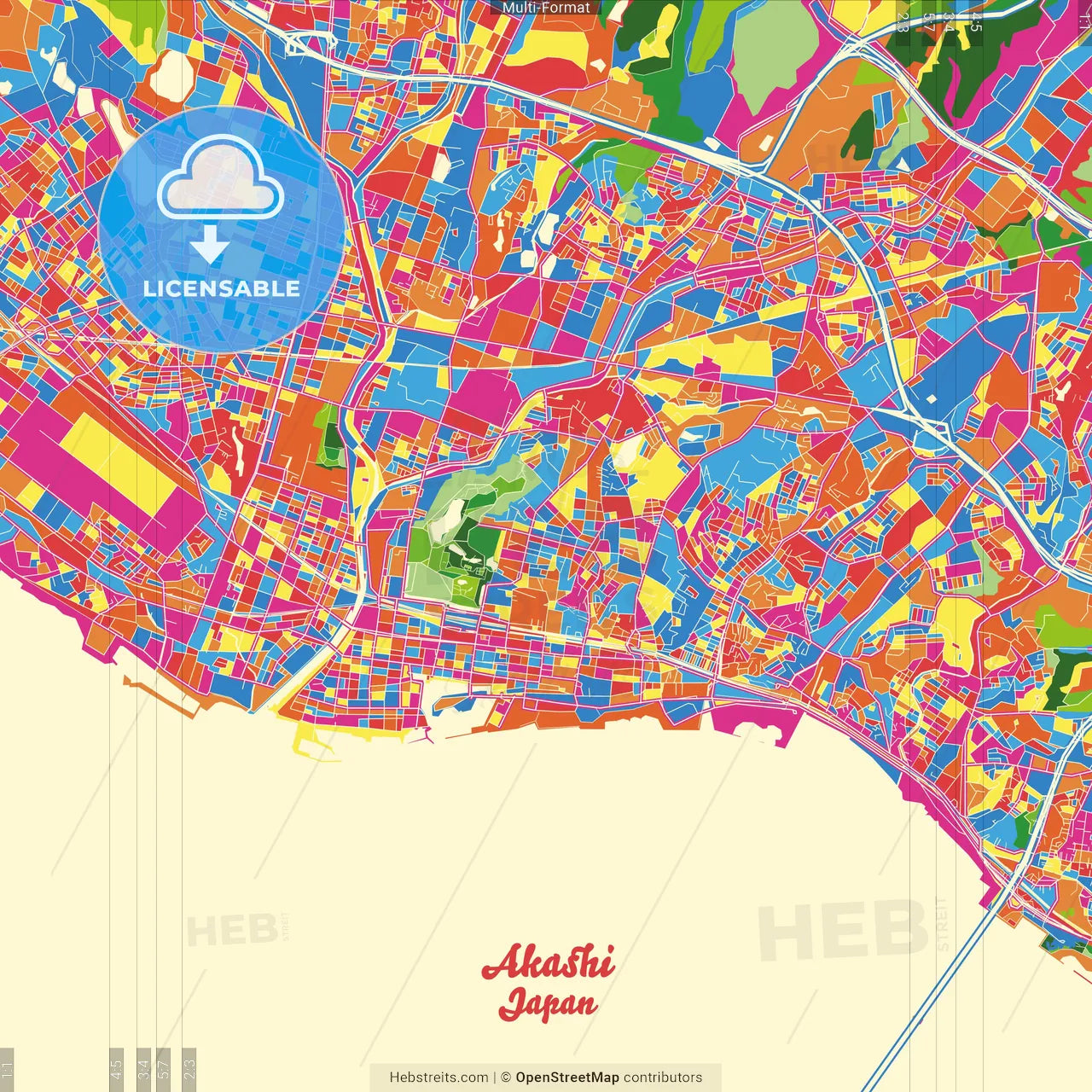 Akashi, Hyōgo, Japan Crazy Colorful Street Map Poster Template