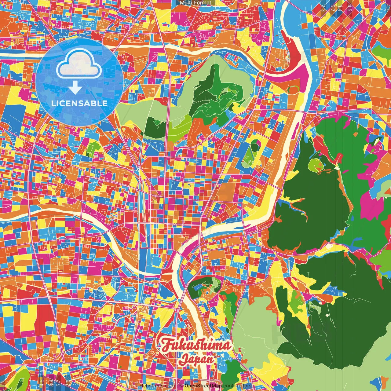 Fukushima, Fukushima, Japan Crazy Colorful Street Map Poster Template