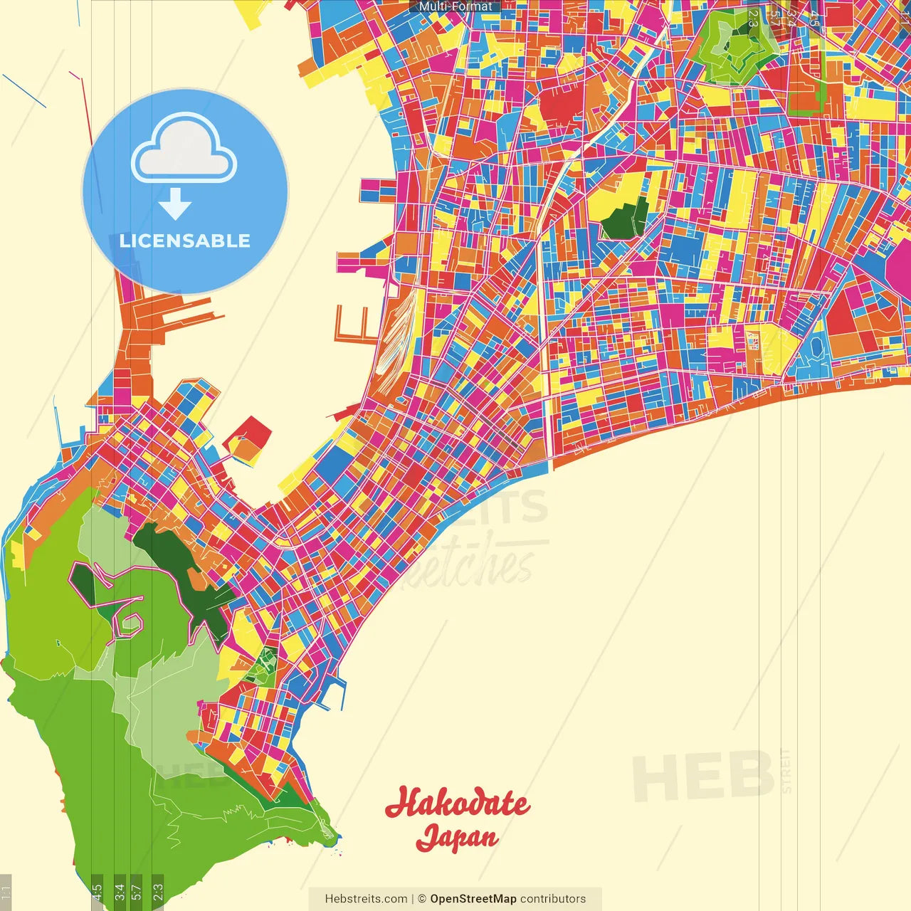 Hakodate, Hokkaidō, Japan Crazy Colorful Street Map Poster Template