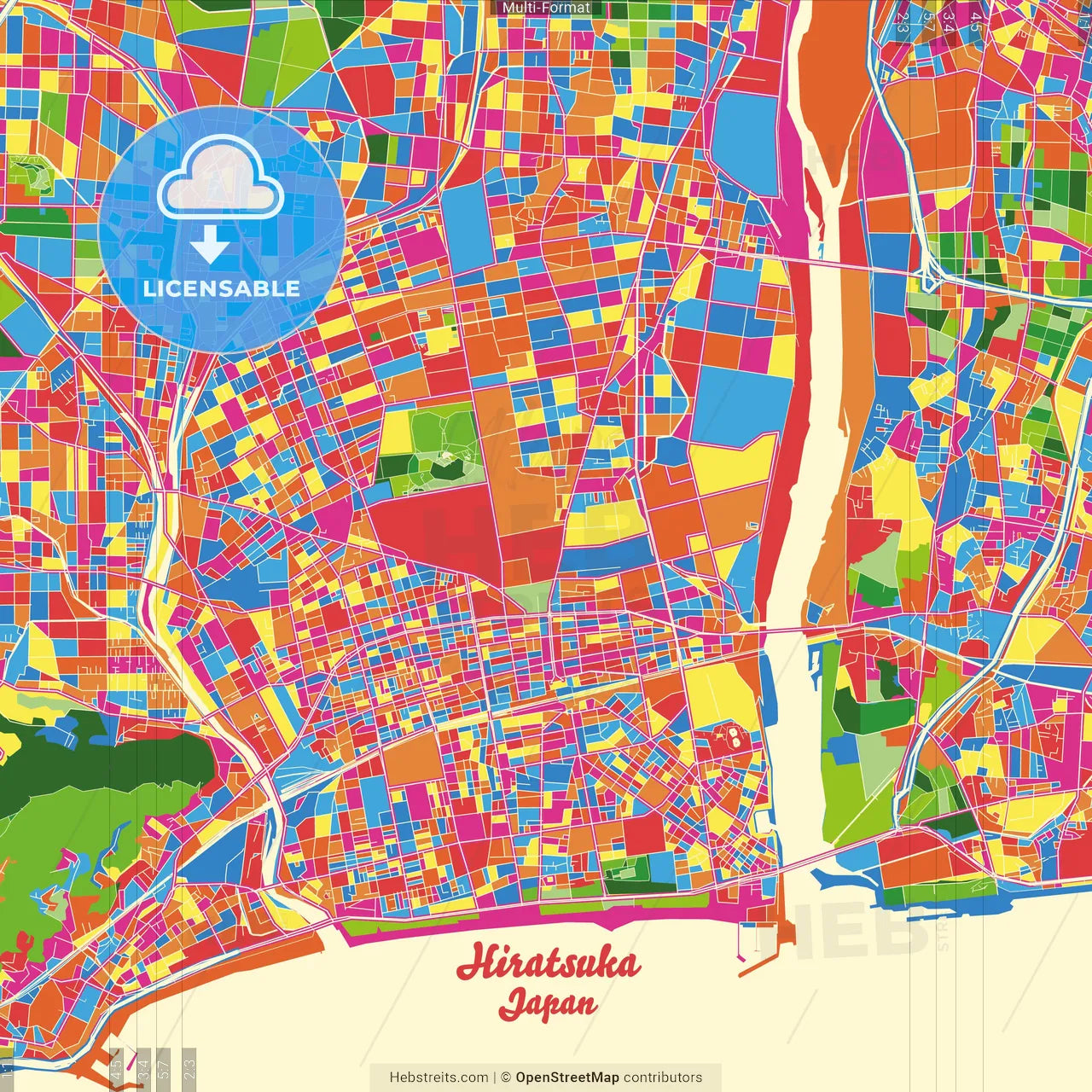 Hiratsuka, Kanagawa, Japan Crazy Colorful Street Map Poster Template