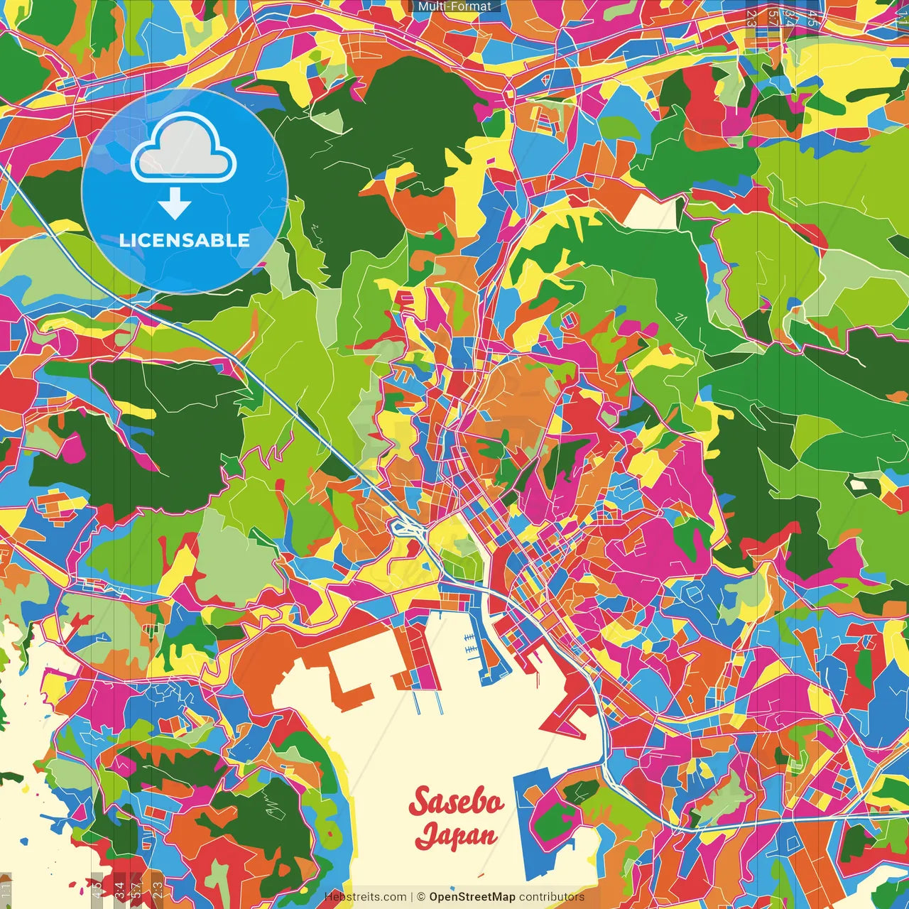 Sasebo, Nagasaki, Japan Crazy Colorful Street Map Poster Template