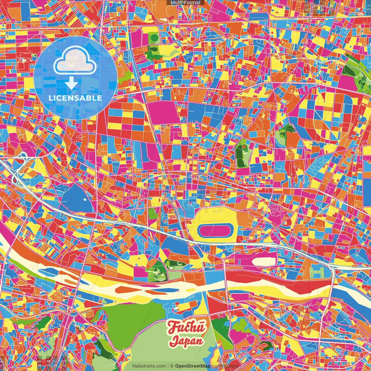 Fuchū, Tokyo, Japan Crazy Colorful Street Map Poster Template