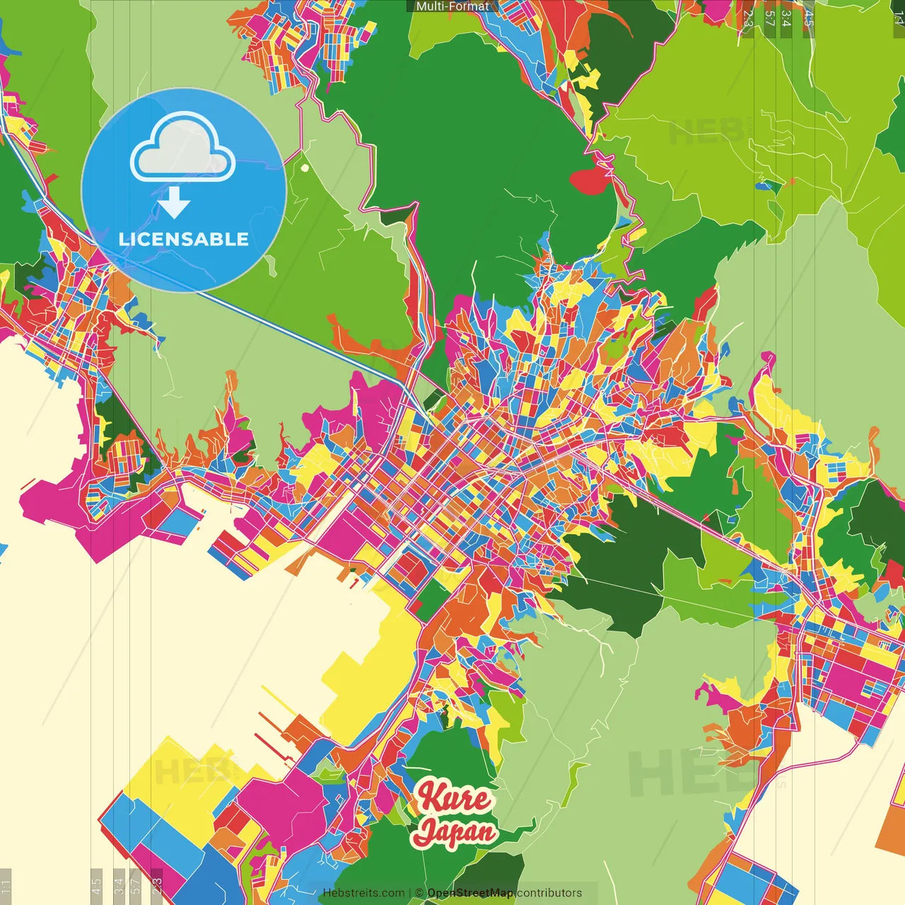 Kure, Hiroshima, Japan Crazy Colorful Street Map Poster Template