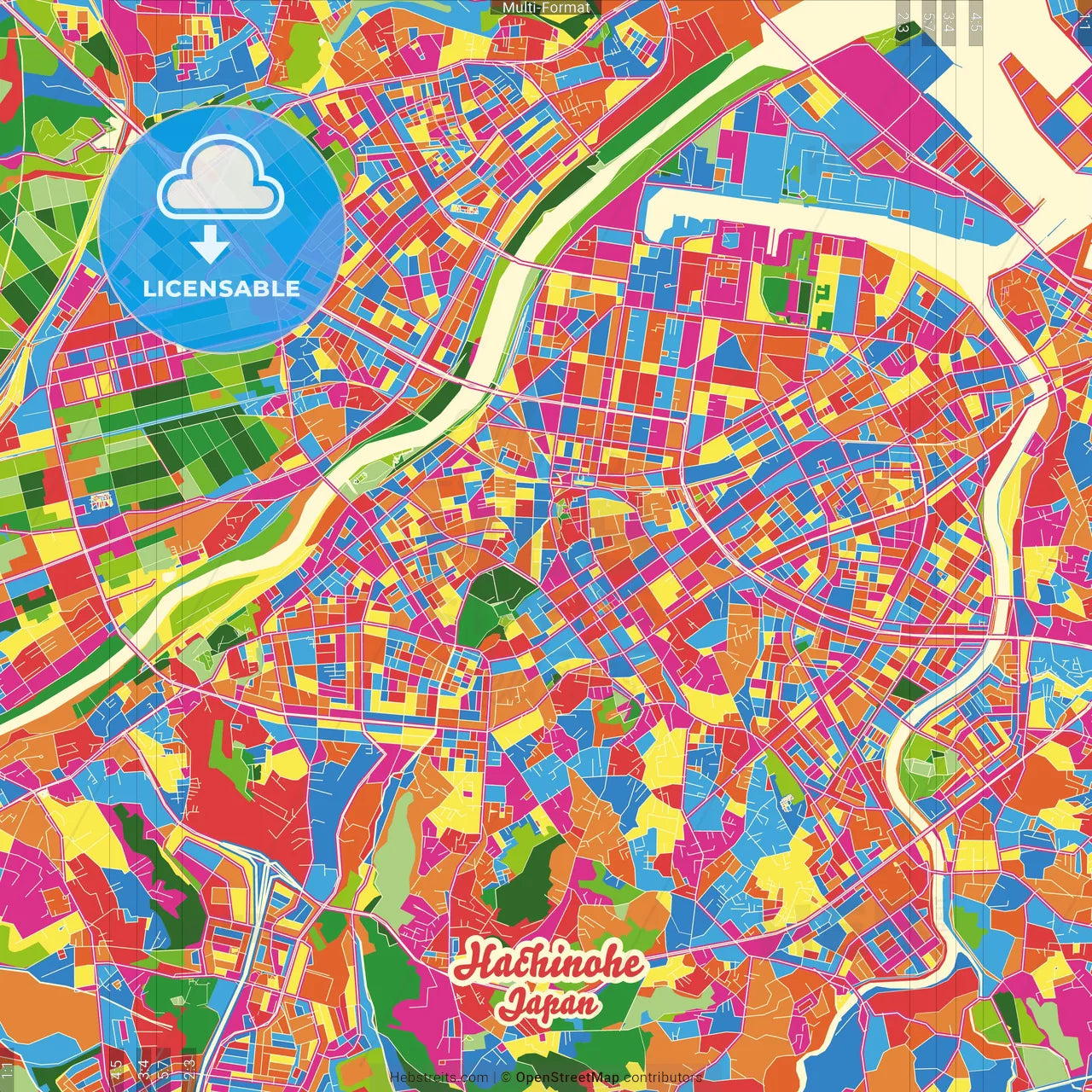 Hachinohe, Aomori, Japan Crazy Colorful Street Map Poster Template