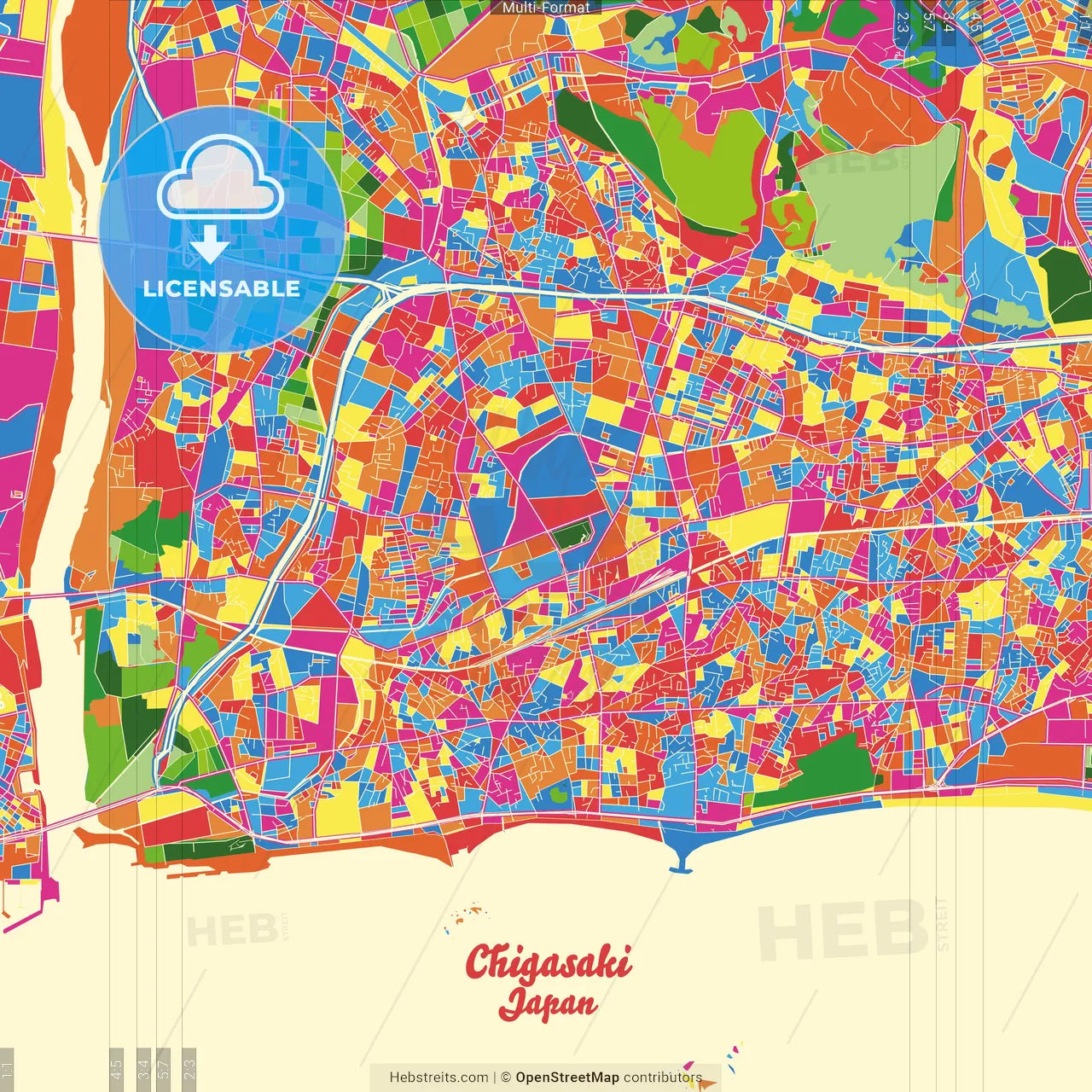 Chigasaki, Kanagawa, Japan Crazy Colorful Street Map Poster Template