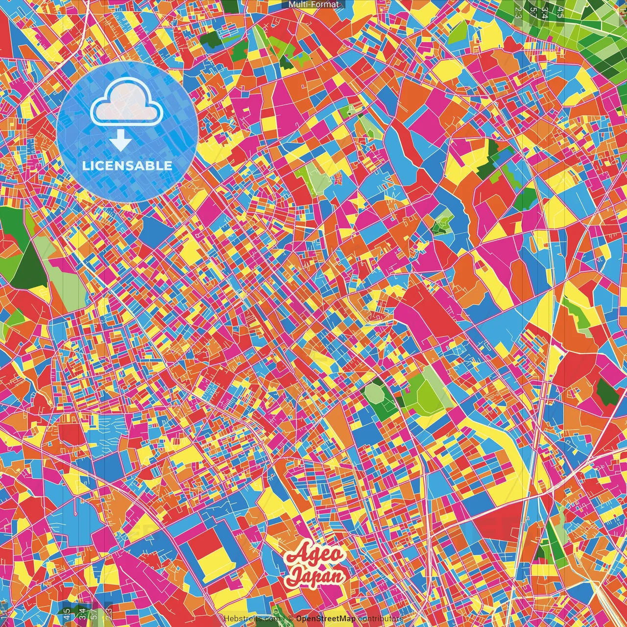 Ageo, Saitama, Japan Crazy Colorful Street Map Poster Template