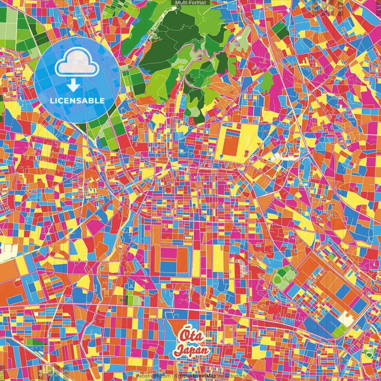 Ōta, Gunma, Japan Crazy Colorful Street Map Poster Template