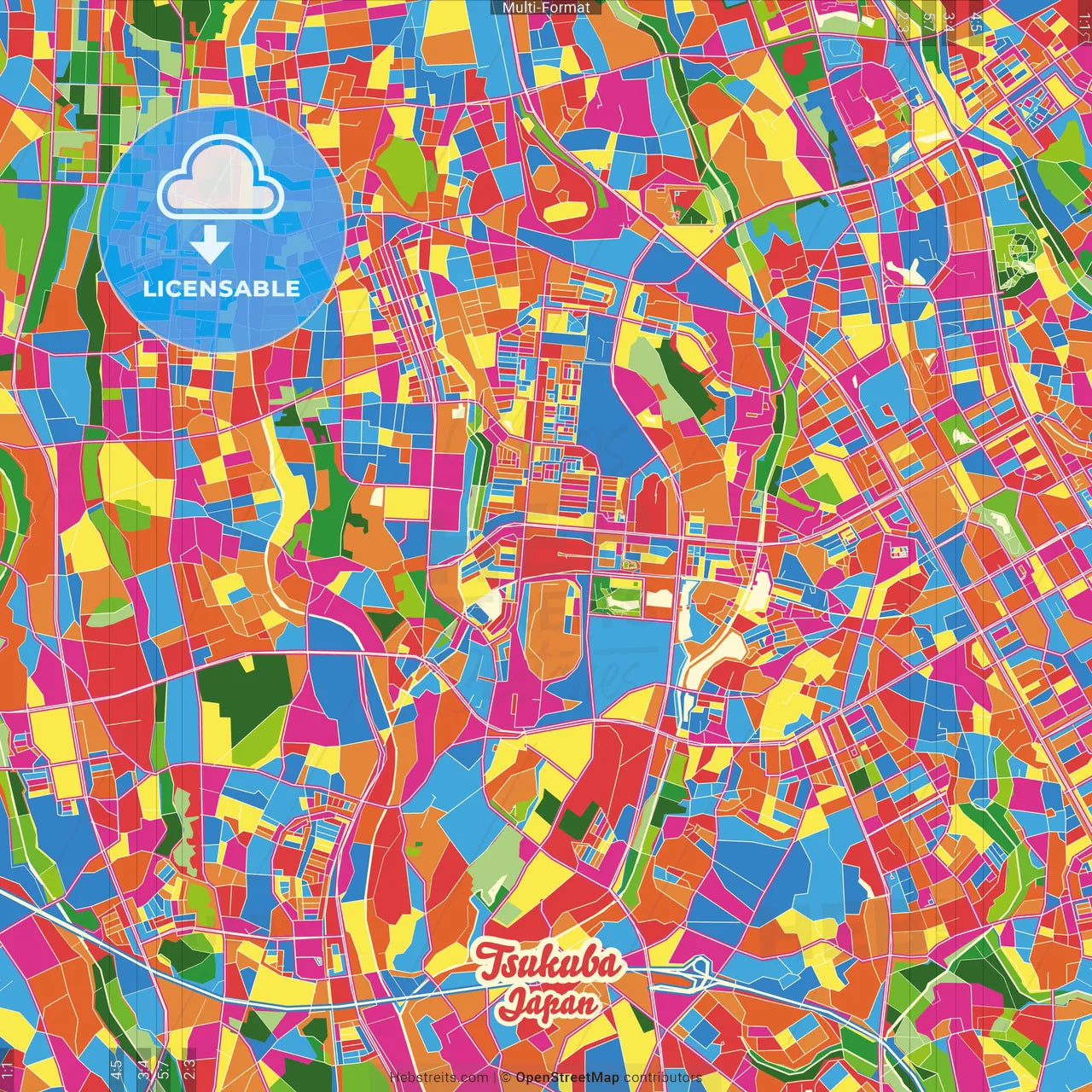 Tsukuba, Ibaraki, Japan Crazy Colorful Street Map Poster Template