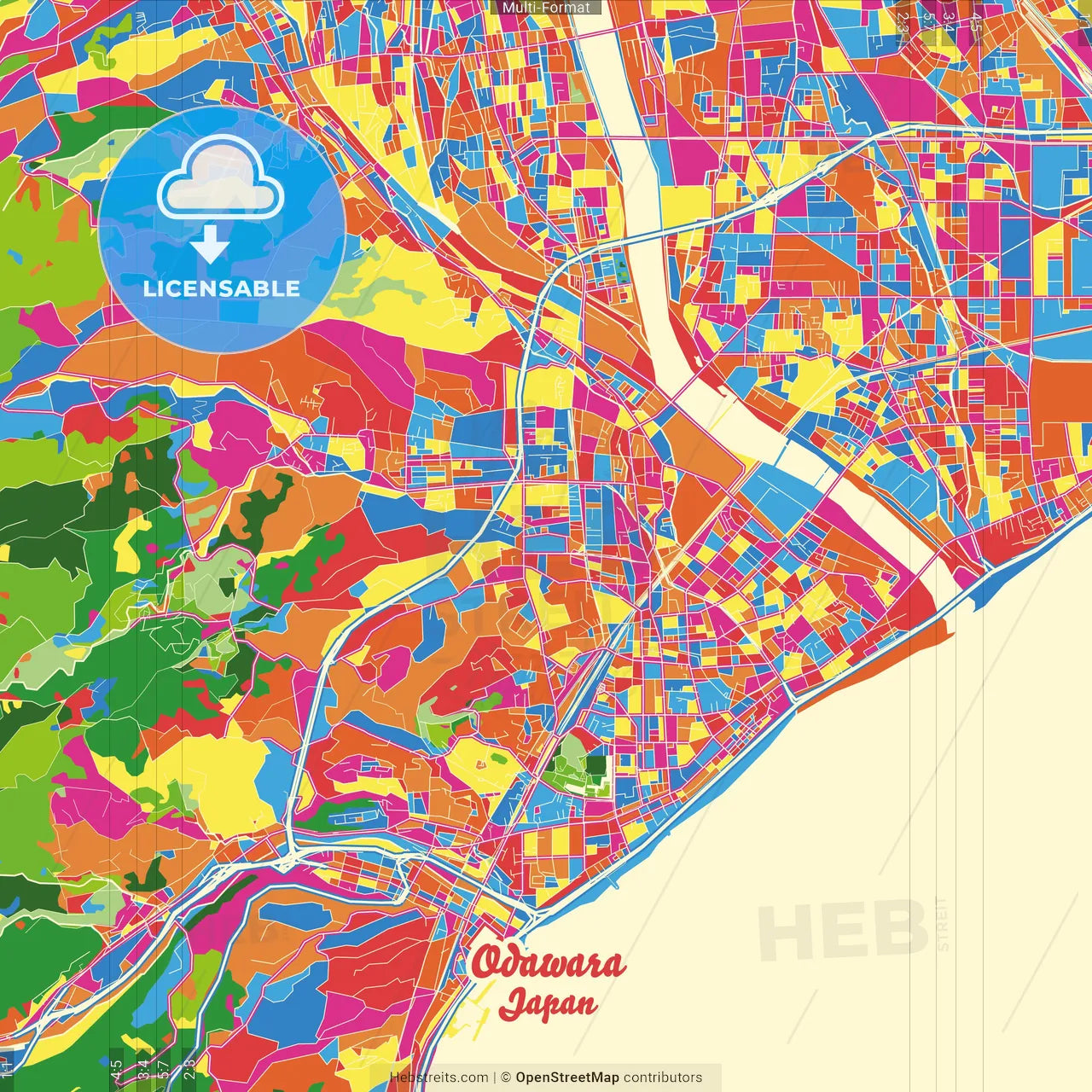 Odawara, Kanagawa, Japan Crazy Colorful Street Map Poster Template